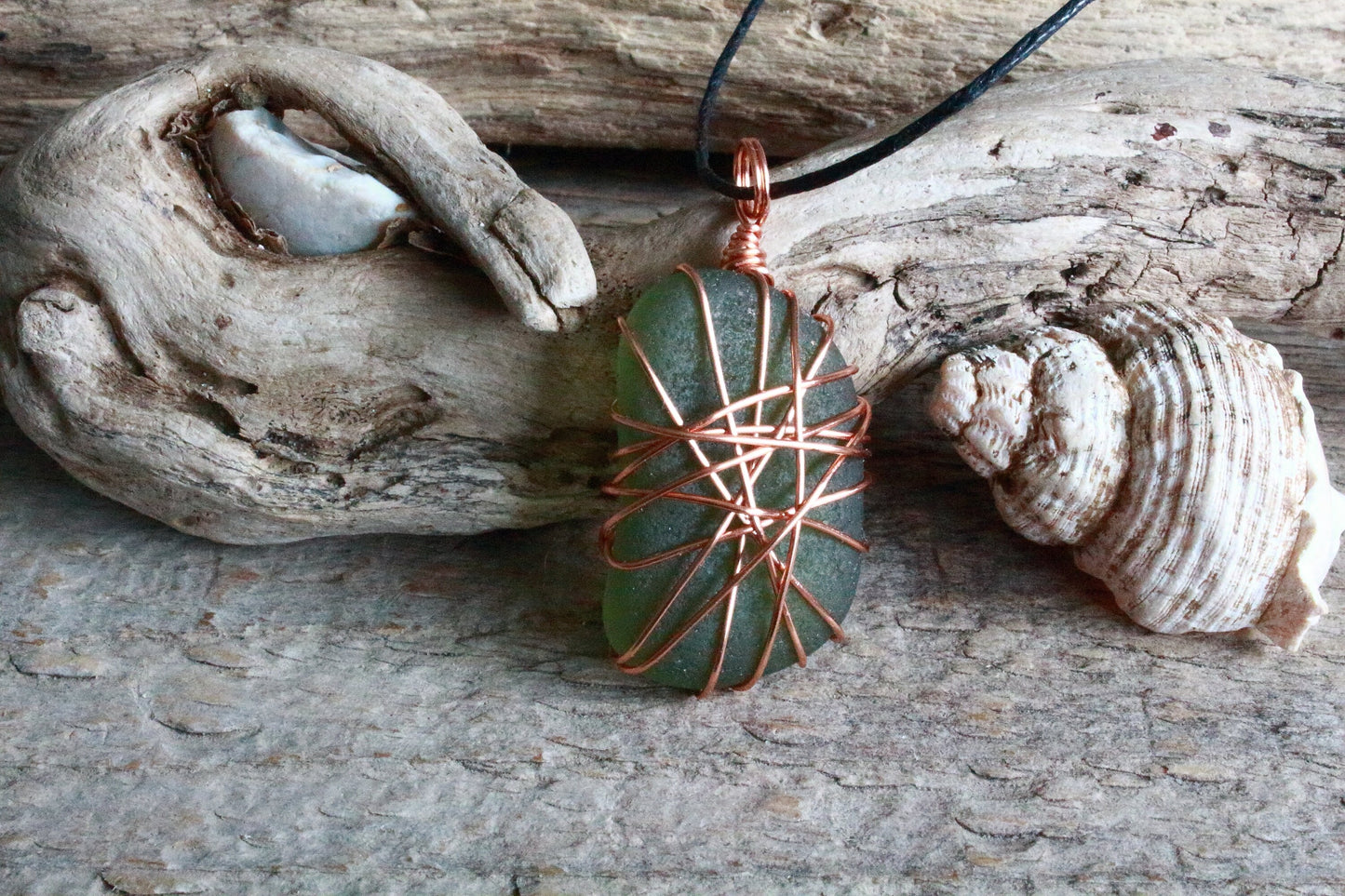 Copper Wire Green Sea Glass Pendant