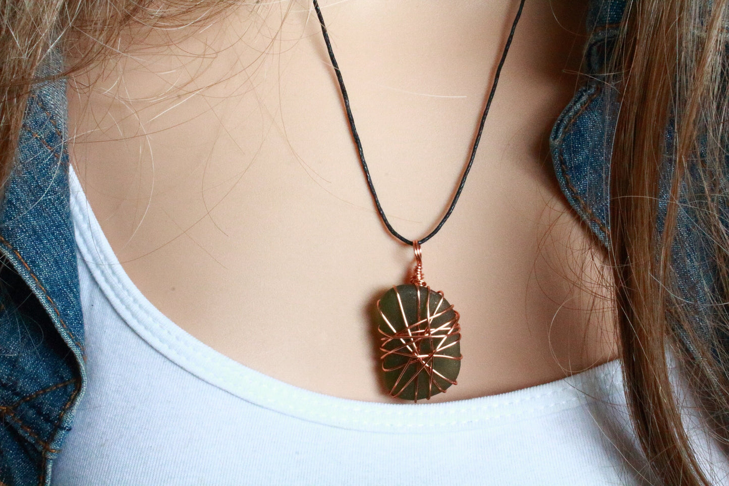 Copper Wire Green Sea Glass Pendant