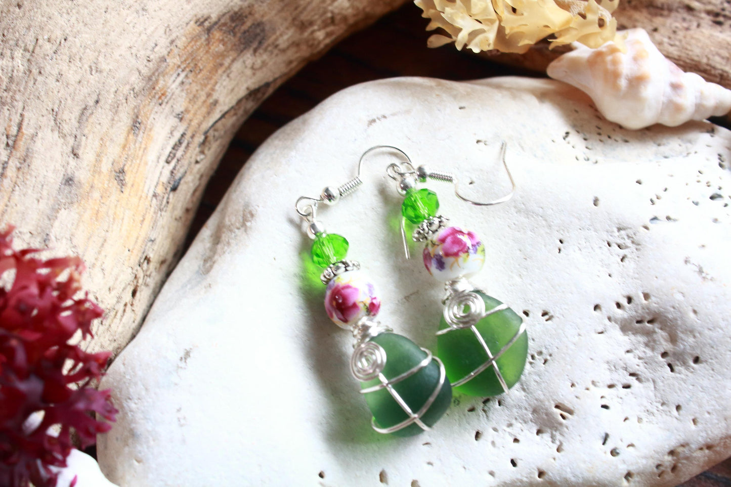 Green Floral Sea Glass Earrings