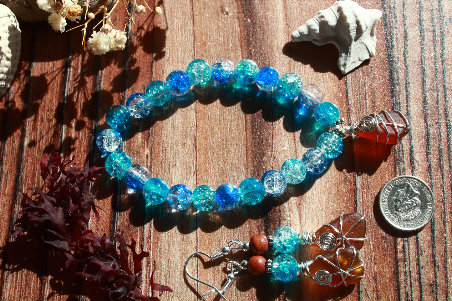Tropical Waters Sea Glass Bracelet and Earrings Jewellery Set
