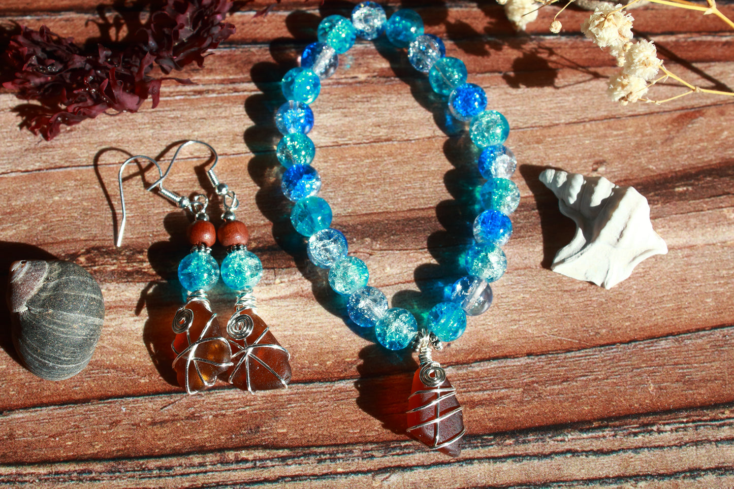 Tropical Waters Sea Glass Bracelet and Earrings Jewellery Set