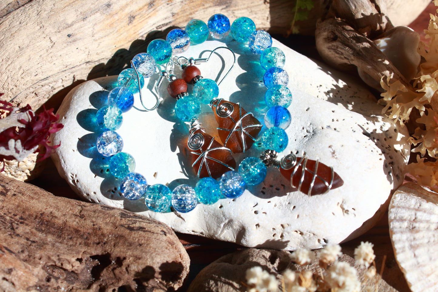 Tropical Waters Sea Glass Bracelet and Earrings Jewellery Set