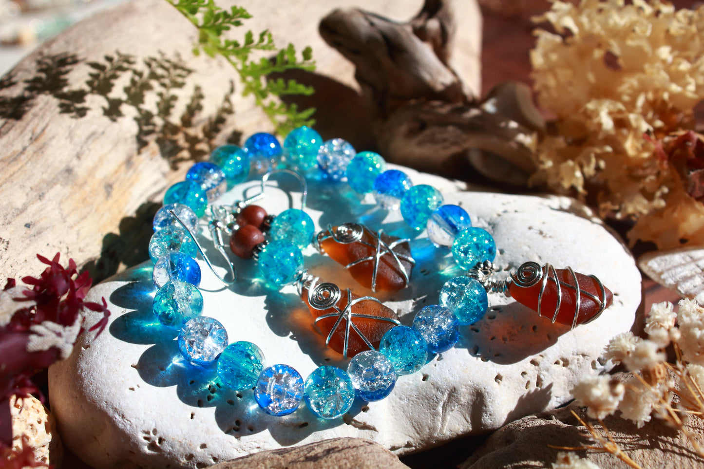 Tropical Waters Sea Glass Bracelet and Earrings Jewellery Set