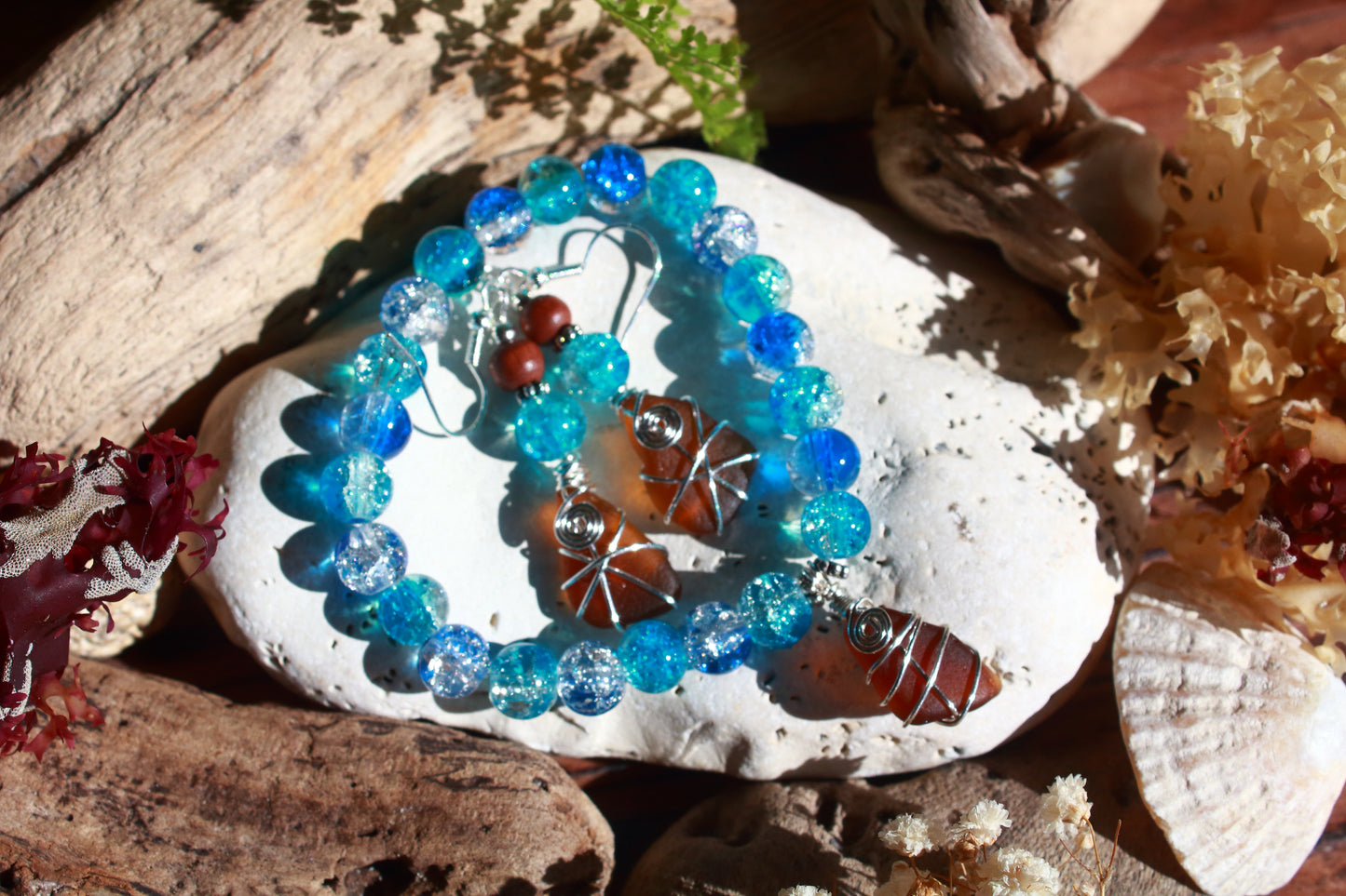 Tropical Waters Sea Glass Bracelet and Earrings Jewellery Set
