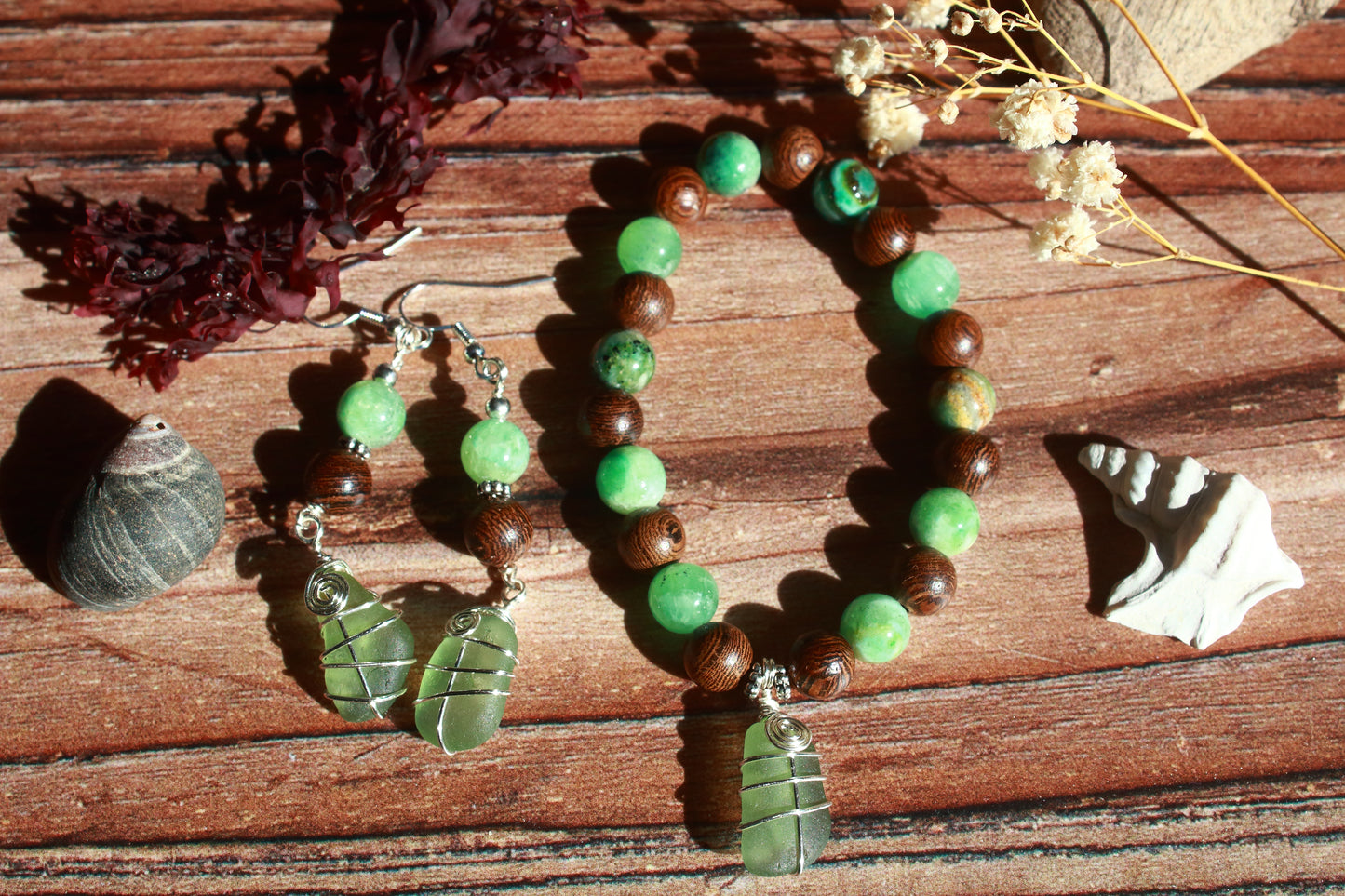 Forest Floor Sea Glass Bracelet and Earrings Jewellery Set