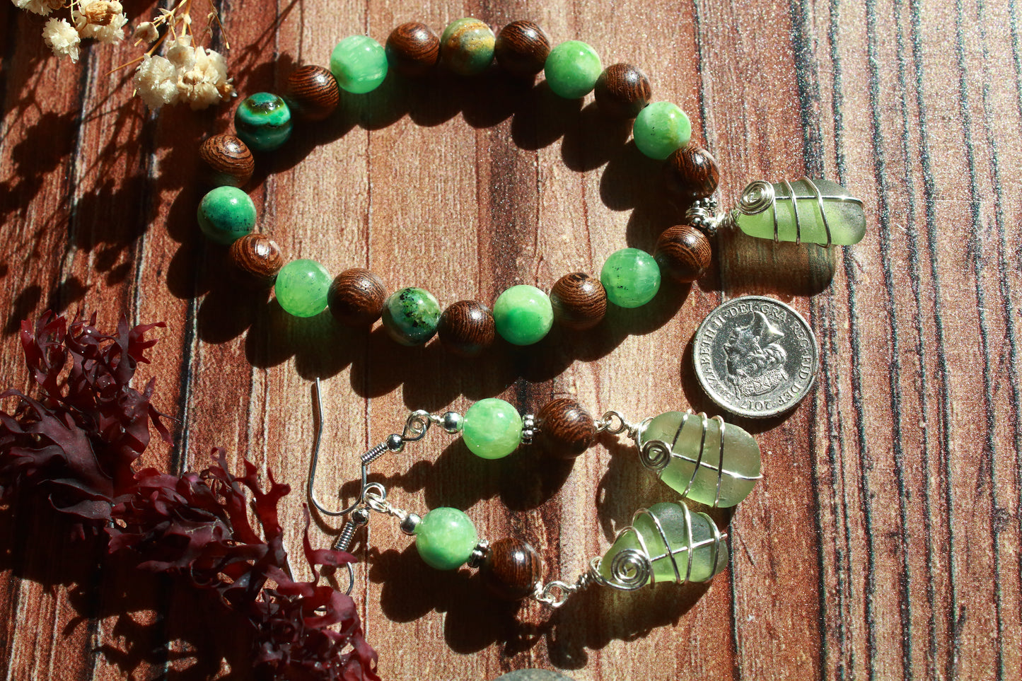 Forest Floor Sea Glass Bracelet and Earrings Jewellery Set