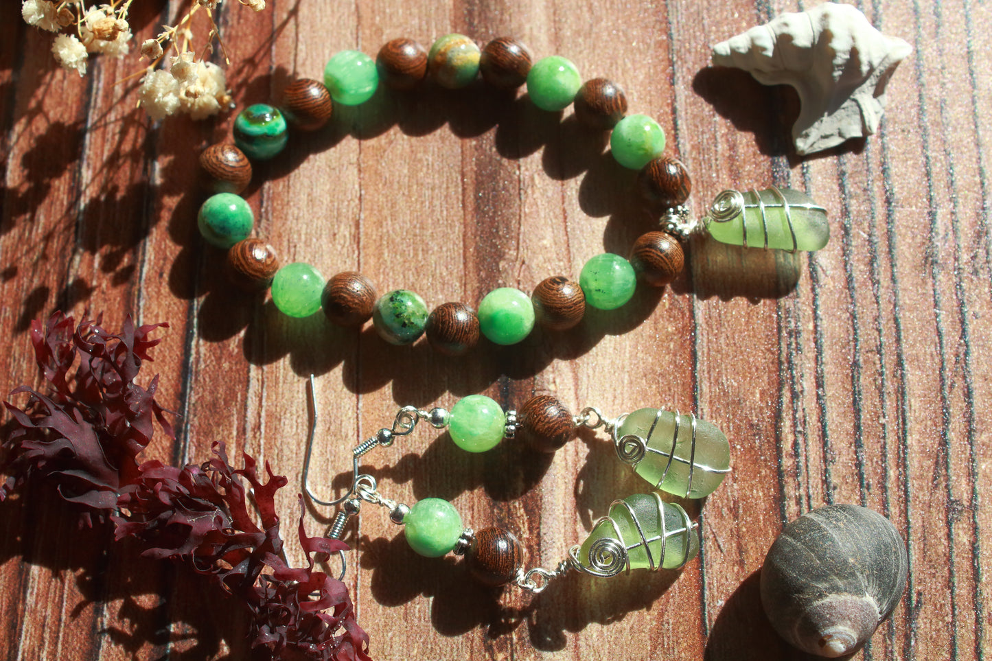 Forest Floor Sea Glass Bracelet and Earrings Jewellery Set
