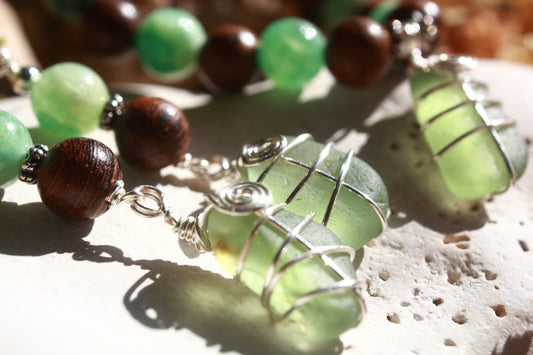 Forest Floor Green Sea Glass Bracelet and Earrings Jewellery Set
