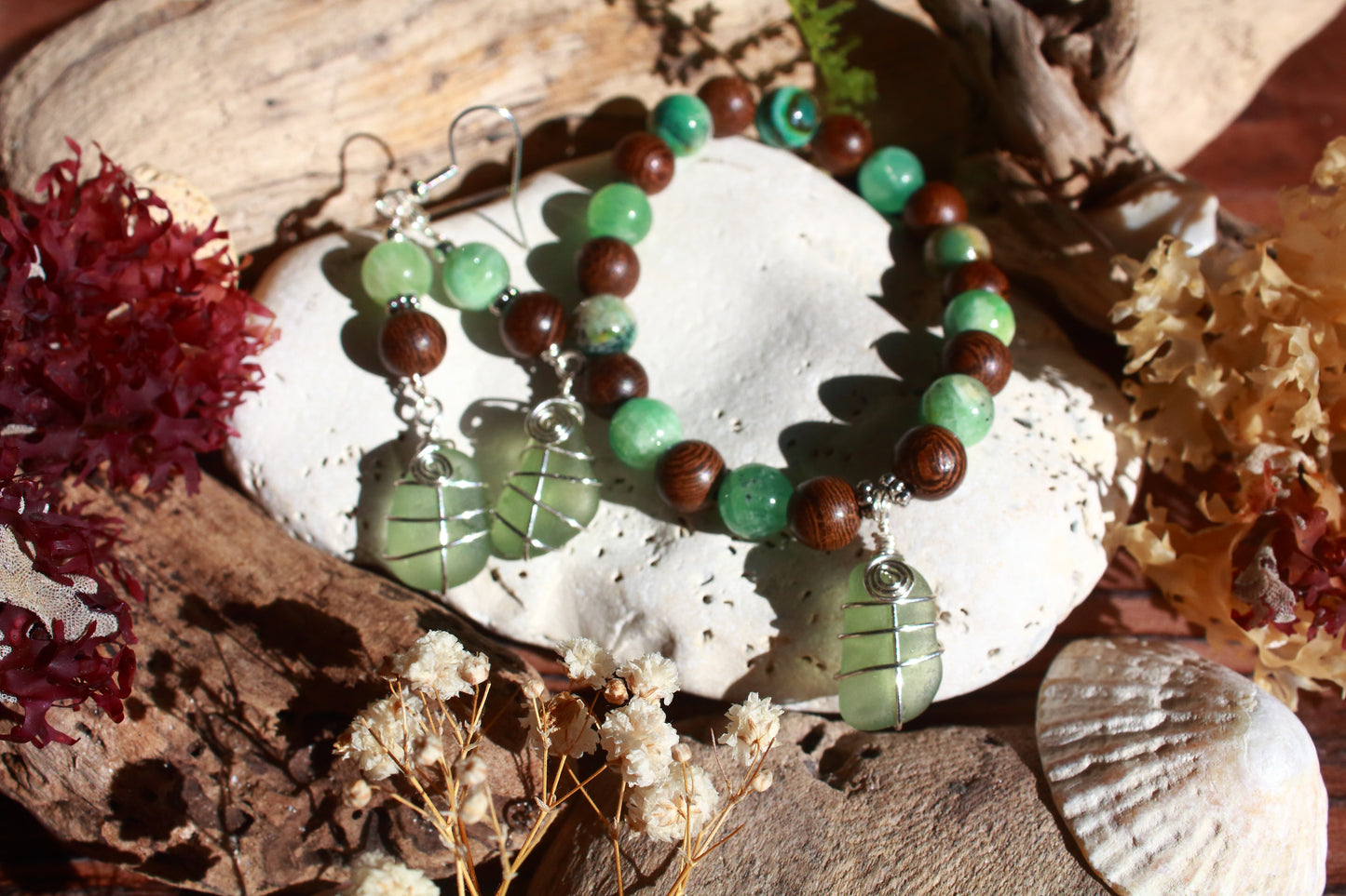 Forest Floor Sea Glass Bracelet and Earrings Jewellery Set