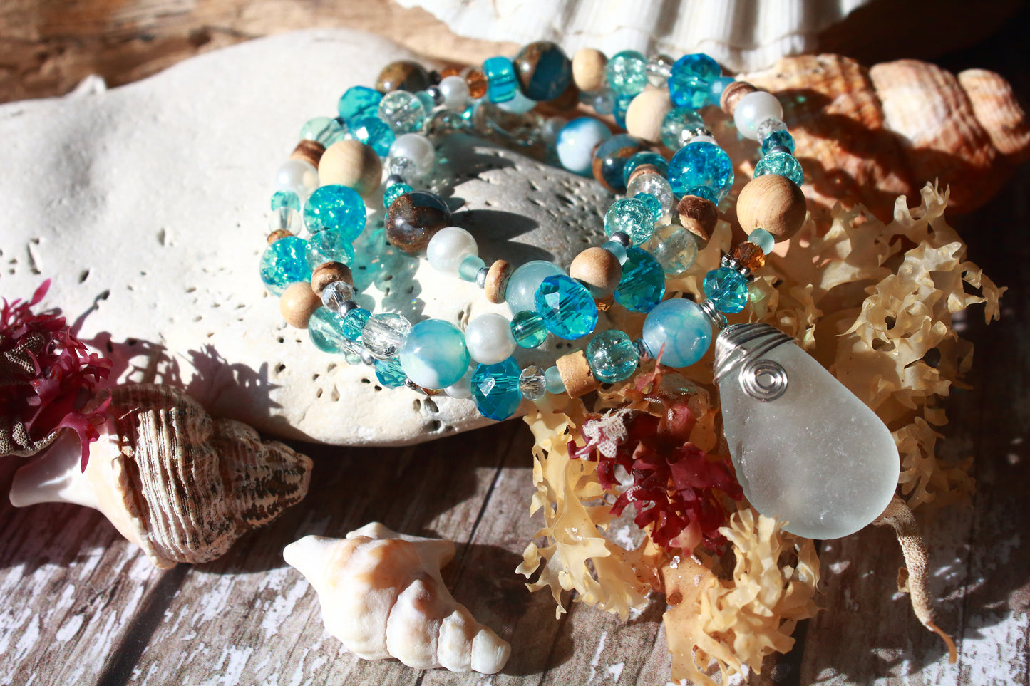 Ocean & Beach Blue Irish Sea Glass Beaded Necklace