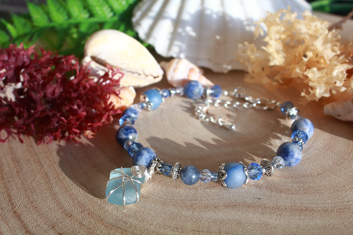 Pale Blue Beaded Sea Glass Bracelet , Boho Irish Sea Glass Jewellery