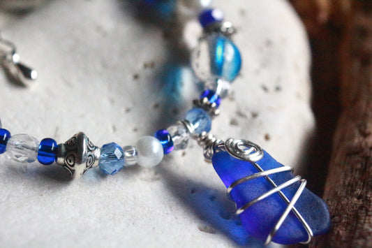 Sapphire Blue Beaded Pearl Sea Glass Silver Bracelet