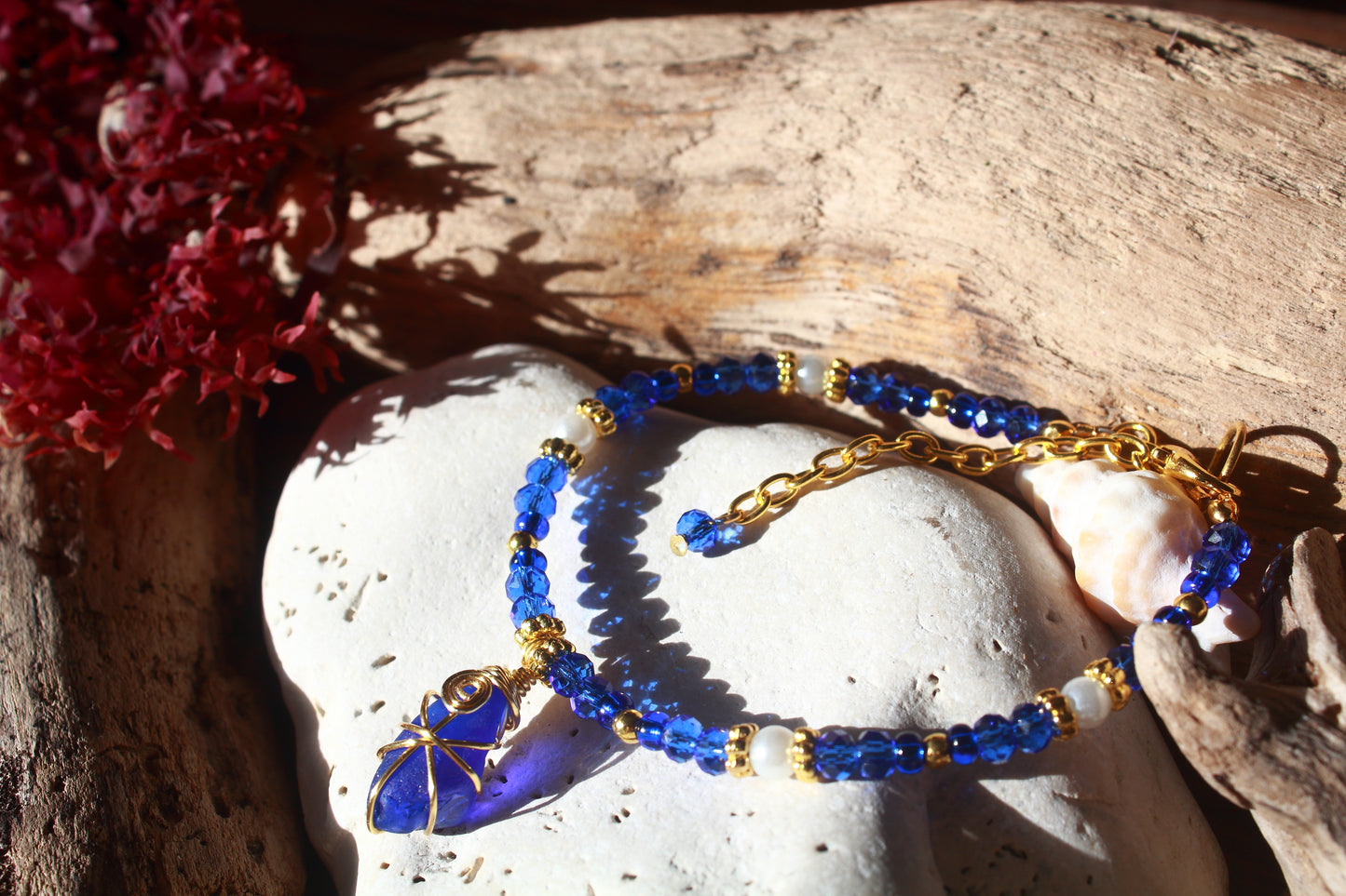 Sapphire Blue Beaded Pearl Sea Glass Gold Bracelet