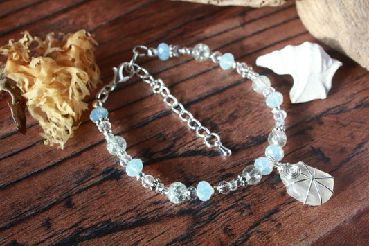Crystal Beaded Sea Glass Silver Bracelet