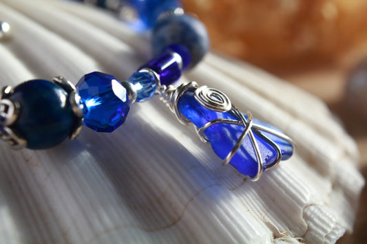 Dark Blue Beaded Sea Glass Bracelet , Boho Irish Sea Glass Jewellery
