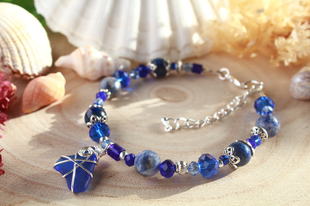 Dark Blue Beaded Sea Glass Bracelet , Boho Irish Sea Glass Jewellery