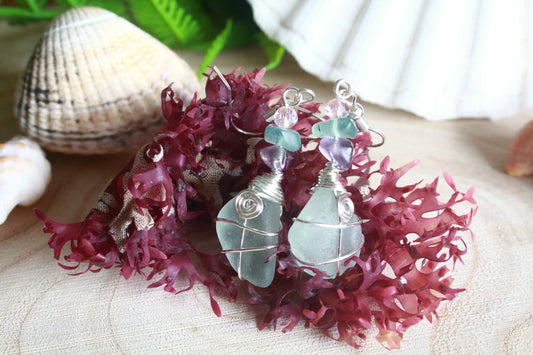 Rainbow Fluorite Seafoam Irish Sea Glass Beaded Earrings