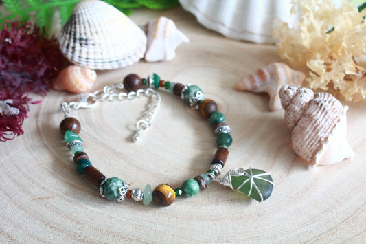 Forest Green and Brown Irish Sea Glass Beaded Bracelet
