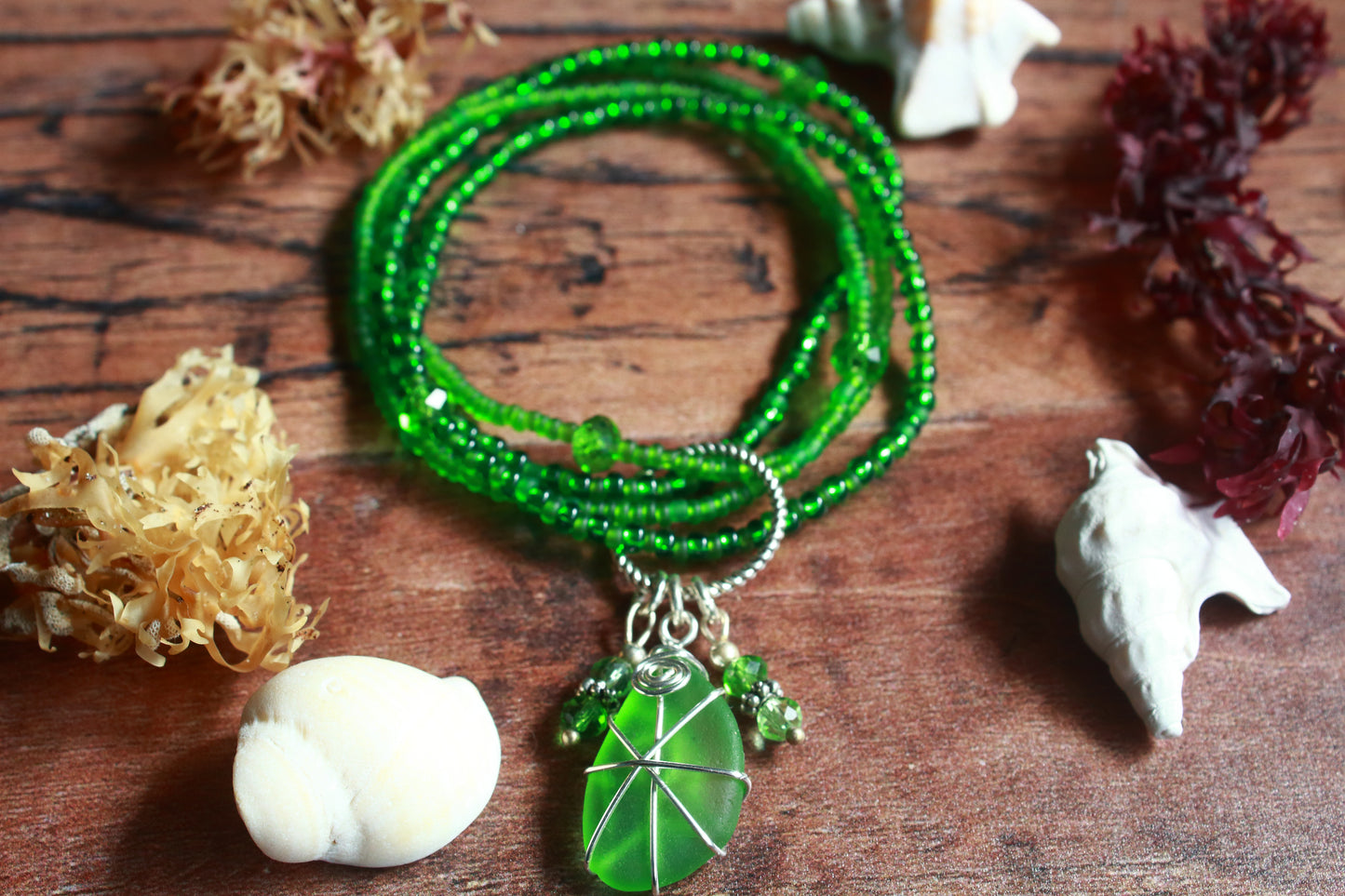 Green Beaded Stretch Sea Glass Bracelet