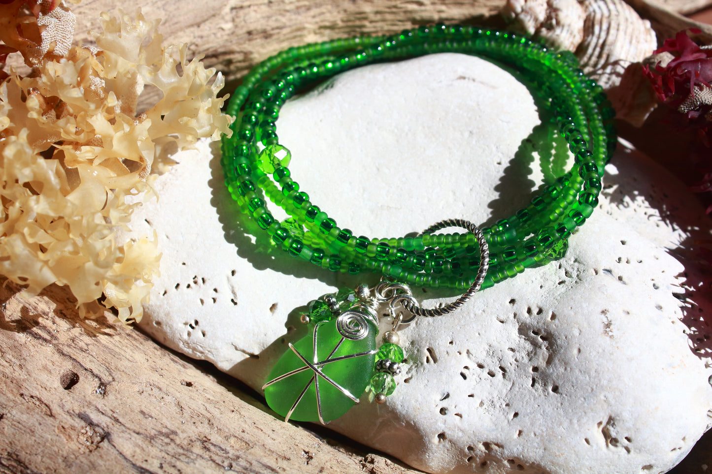 Green Beaded Stretch Sea Glass Bracelet