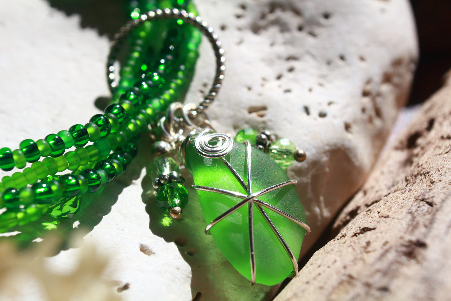 Green Beaded Stretch Sea Glass Bracelet