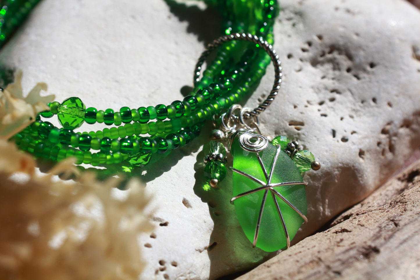 Green Beaded Stretch Sea Glass Bracelet
