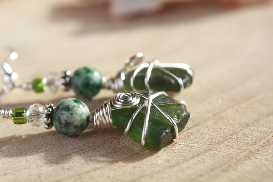 Forest Green Irish Sea Glass Beaded Earrings, Boho Irish Jewellery
