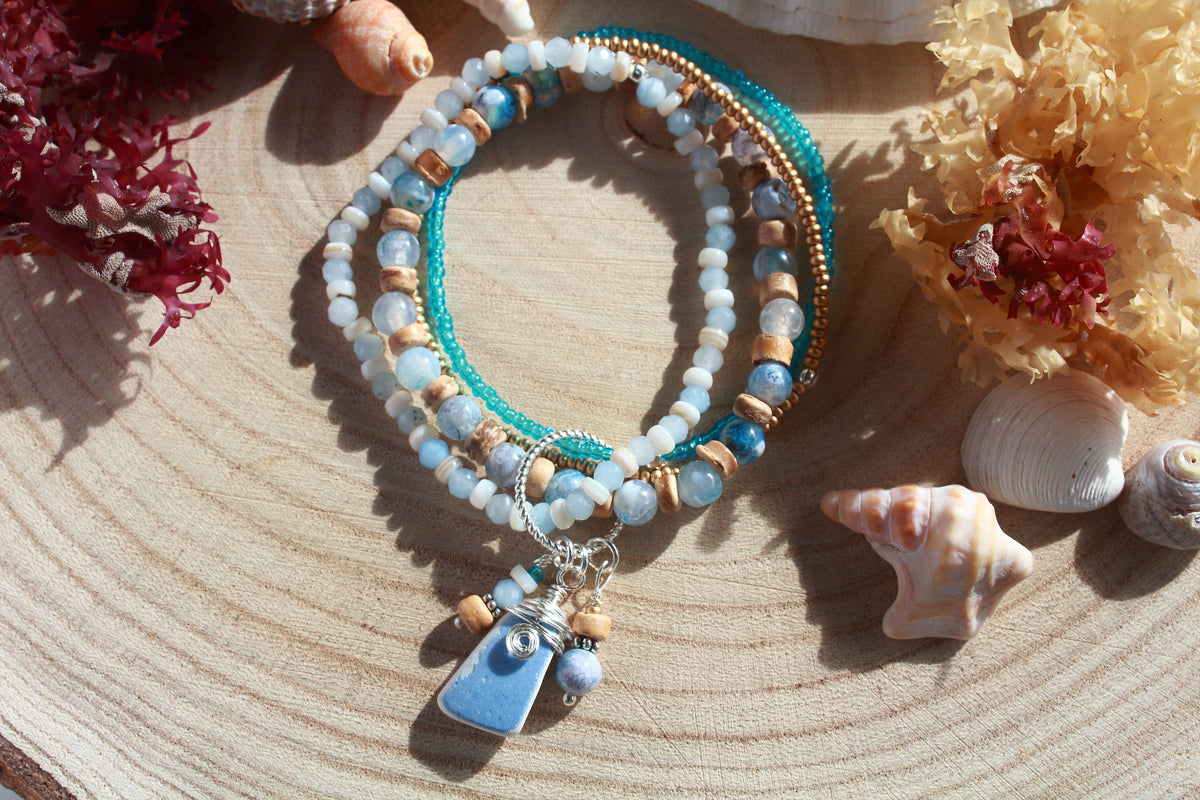 Beachy Beaded Stretch Sea Pottery Bracelet , Boho Irish Jewellery