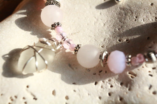 Pink & White Irish Sea Glass Bracelet, Spring Cherry Blossom Inspired