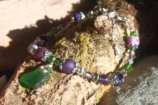 Purple & Green Irish Sea Glass Bracelet, Wood Violet Inspired