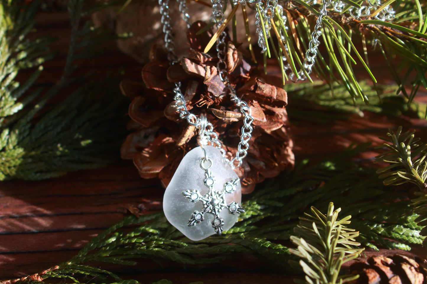 Winter Snowflake Charm Sea Glass Necklace