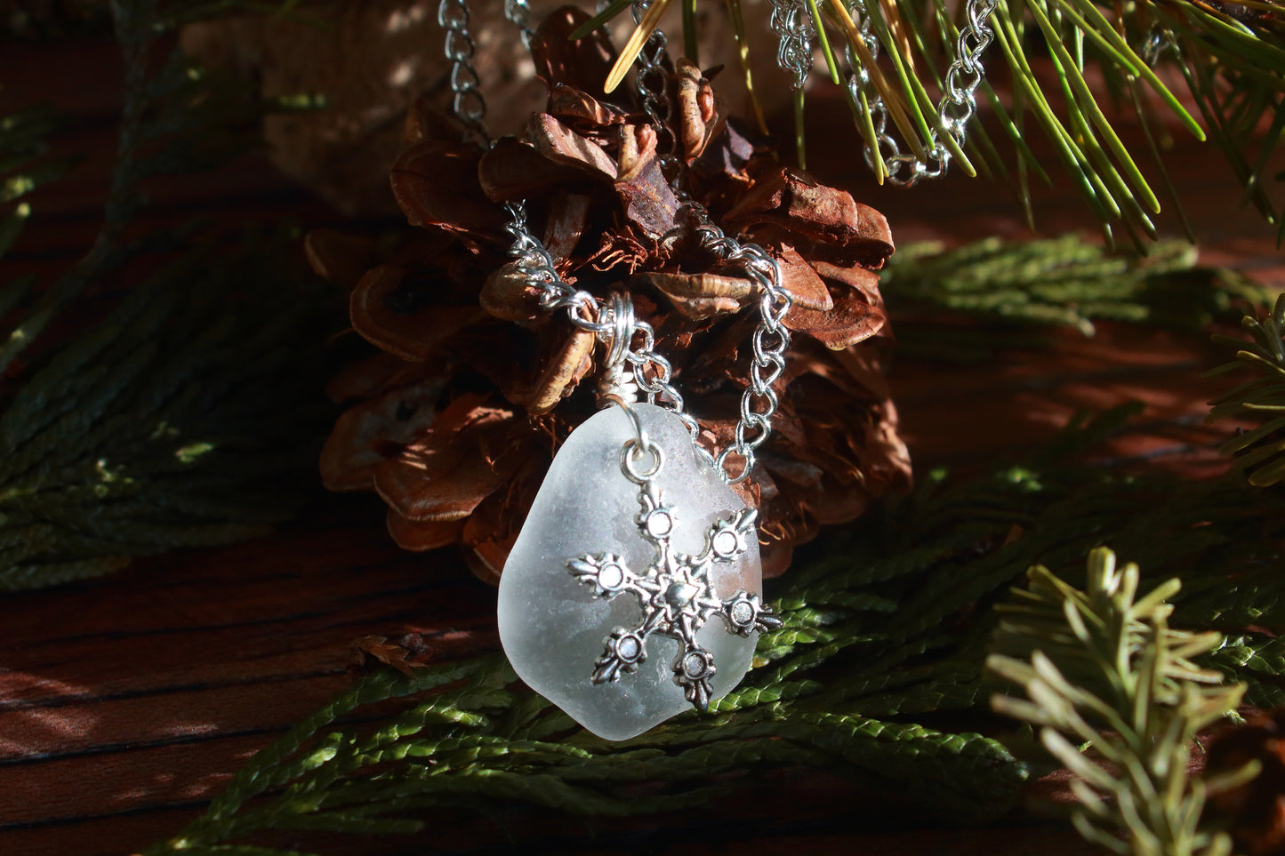 Winter Snowflake Charm Sea Glass Necklace