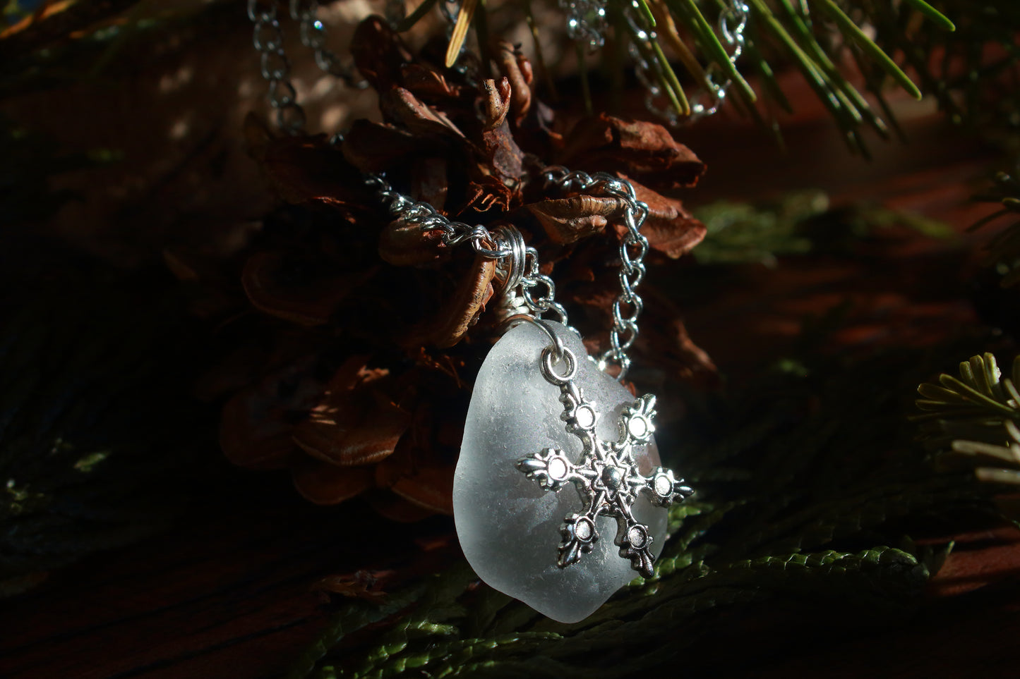 Winter Snowflake Charm Sea Glass Necklace