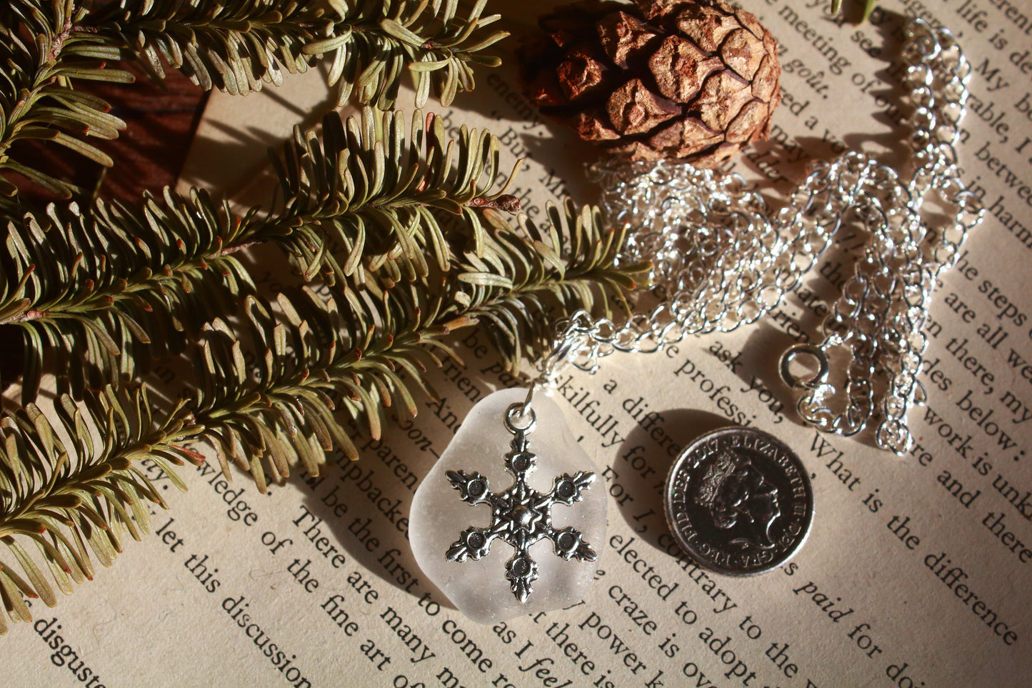Winter Snowflake Charm Sea Glass Necklace
