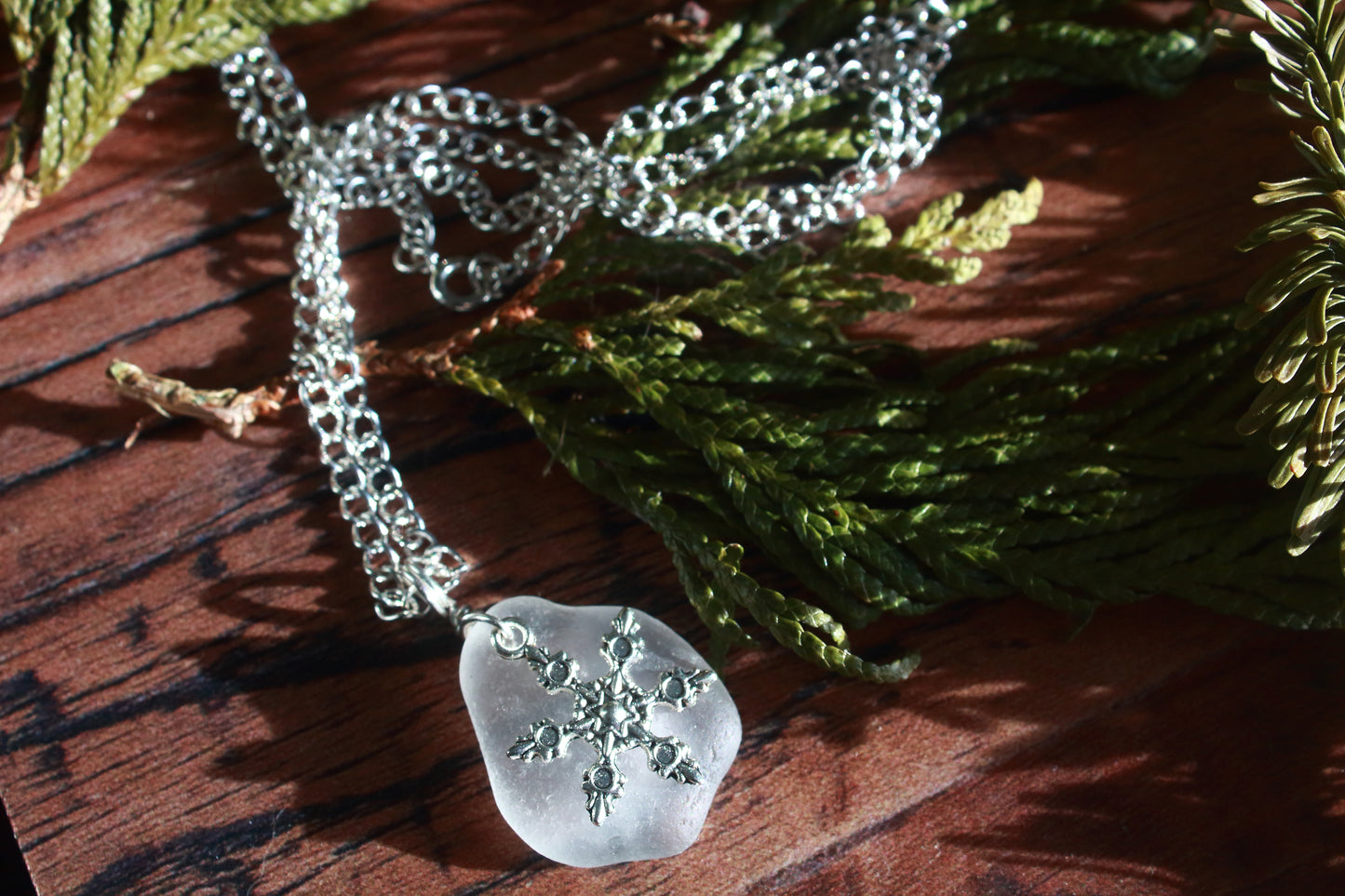 Winter Snowflake Charm Sea Glass Necklace