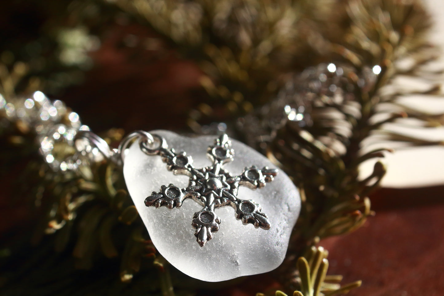 Winter Snowflake Charm Sea Glass Necklace