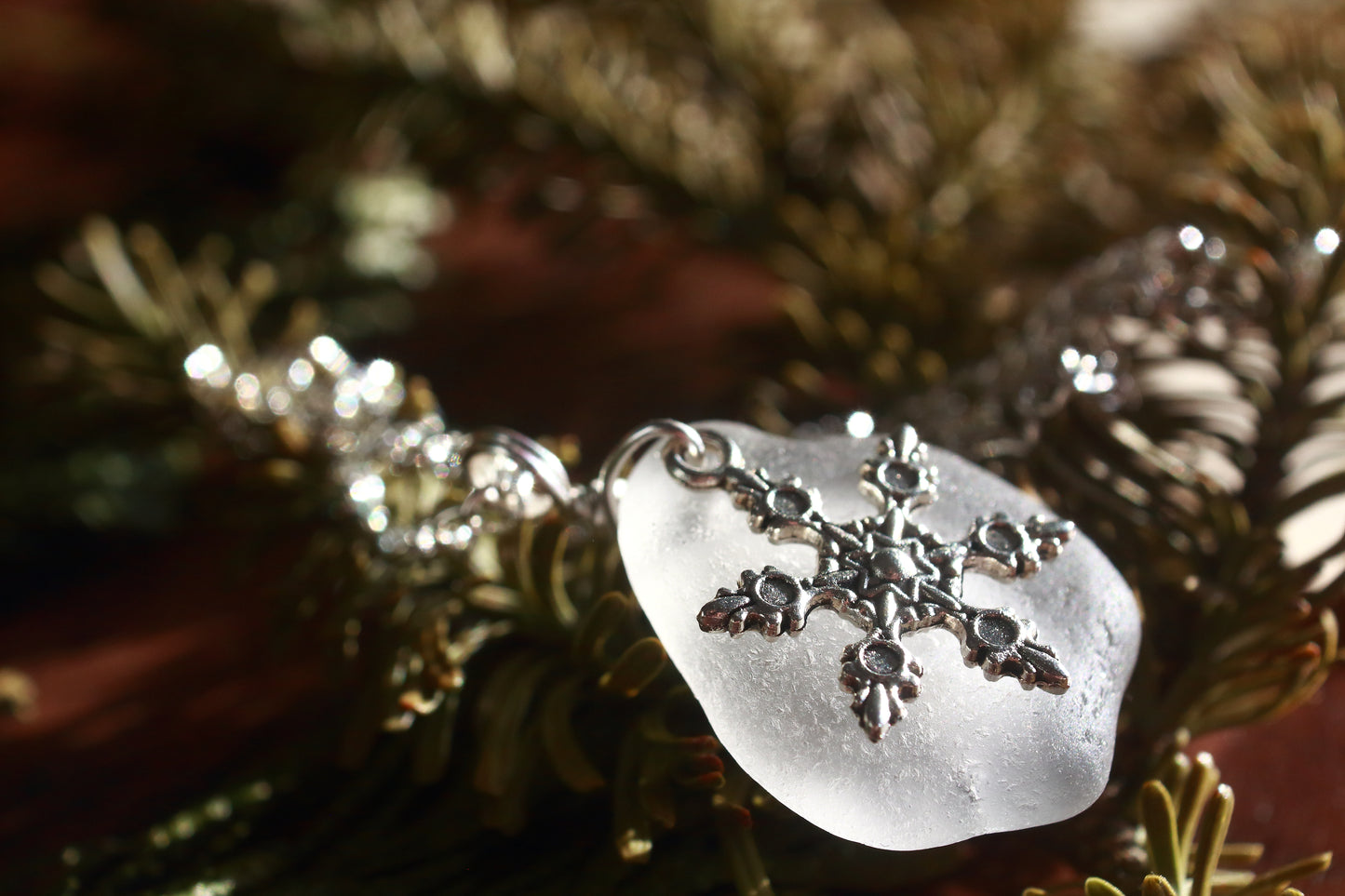 Winter Snowflake Charm Sea Glass Necklace