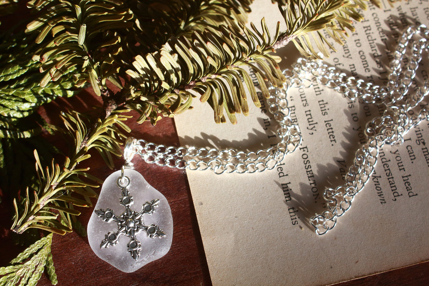 Winter Snowflake Charm Sea Glass Necklace
