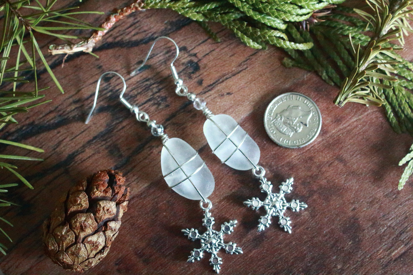 Winter Snowflake Charm Sea Glass Earrings