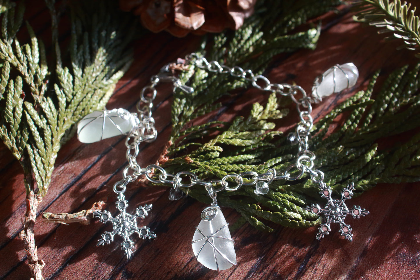 Winter Sea Glass Snowflake Charm Bracelet