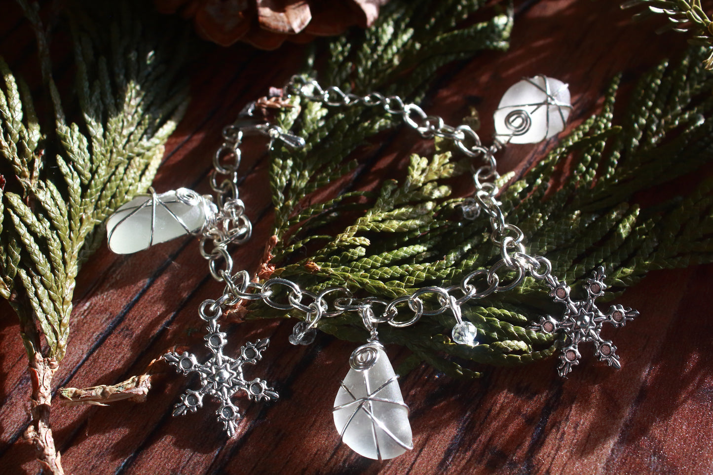 Winter Sea Glass Snowflake Charm Bracelet