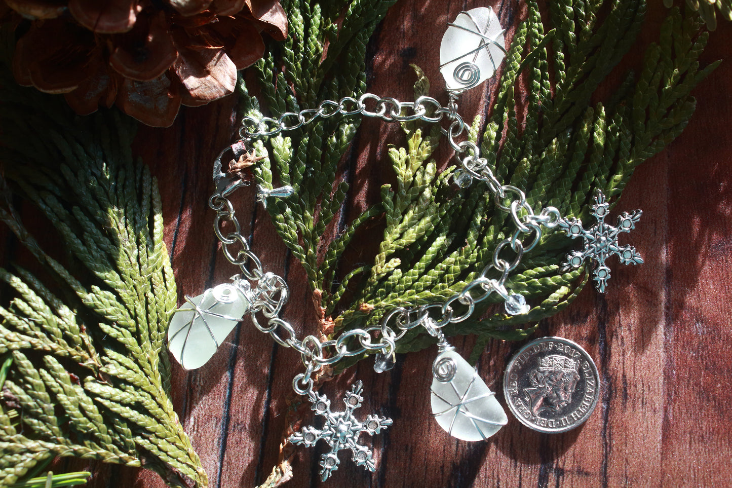 Winter Sea Glass Snowflake Charm Bracelet