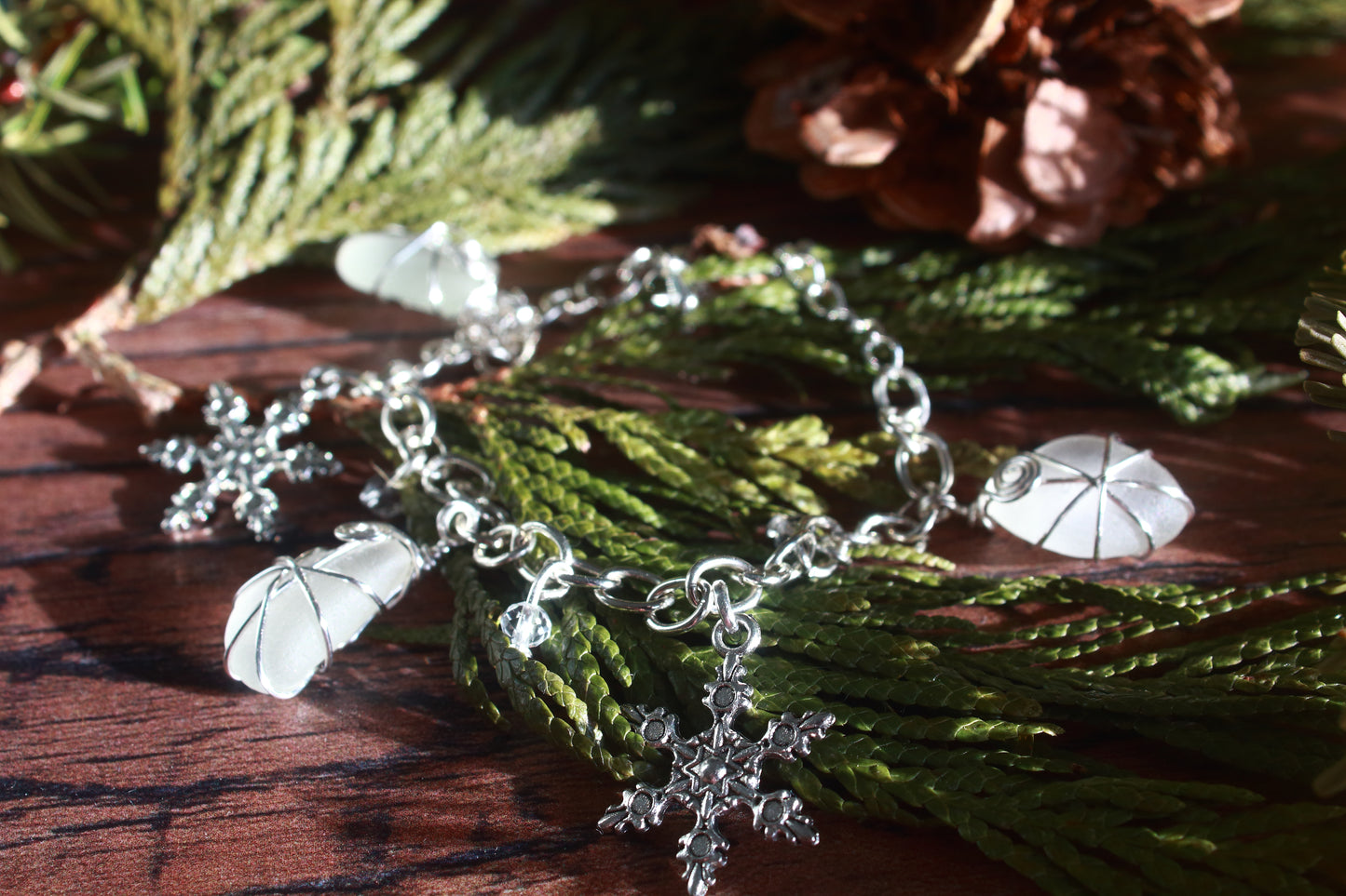 Winter Sea Glass Snowflake Charm Bracelet