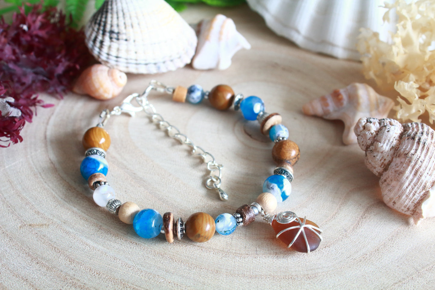 Ocean Blue & Brown Irish Sea Glass Beaded Bracelet