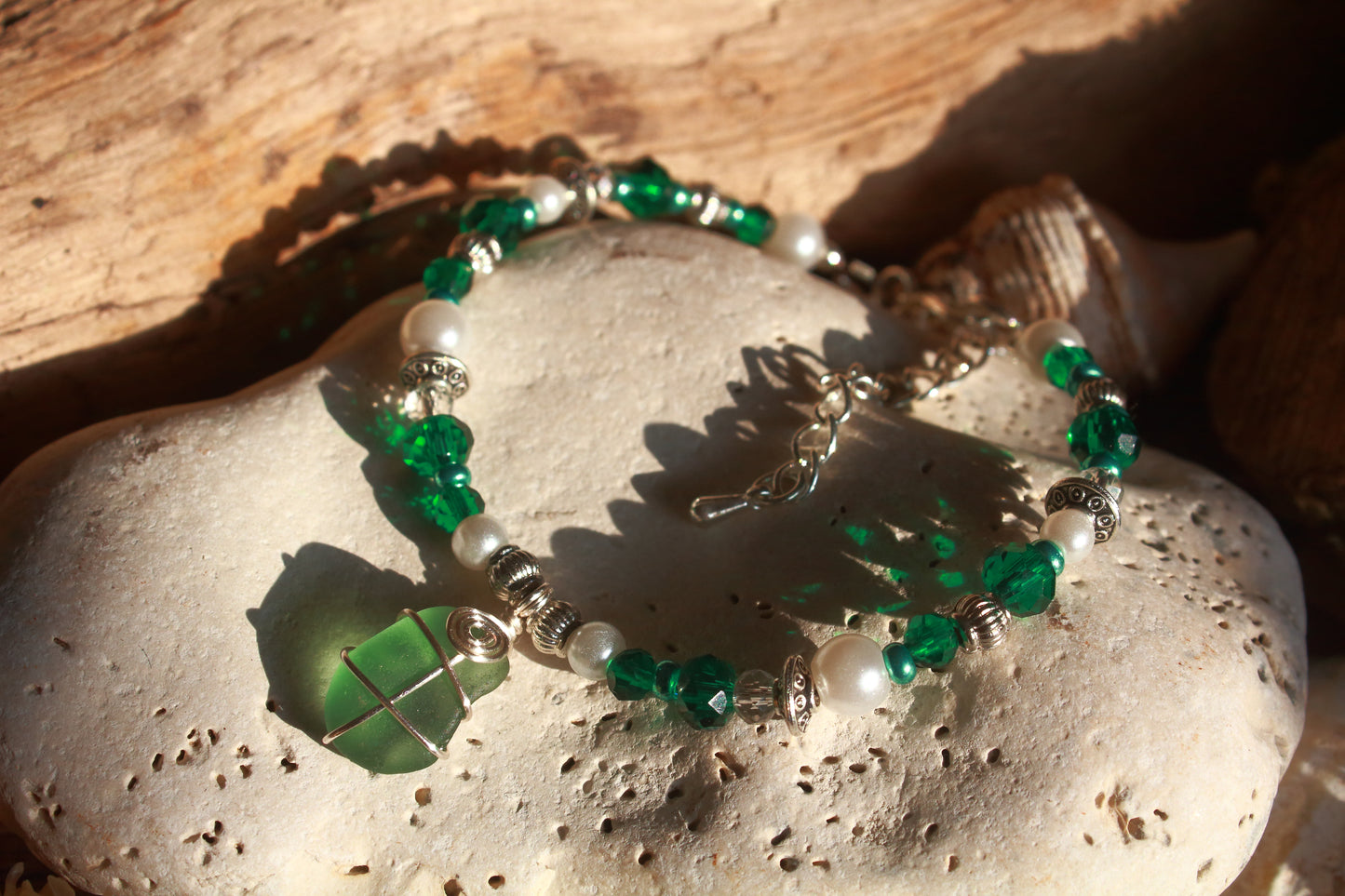 Teal Sea Glass & Pearl Beaded Bracelet