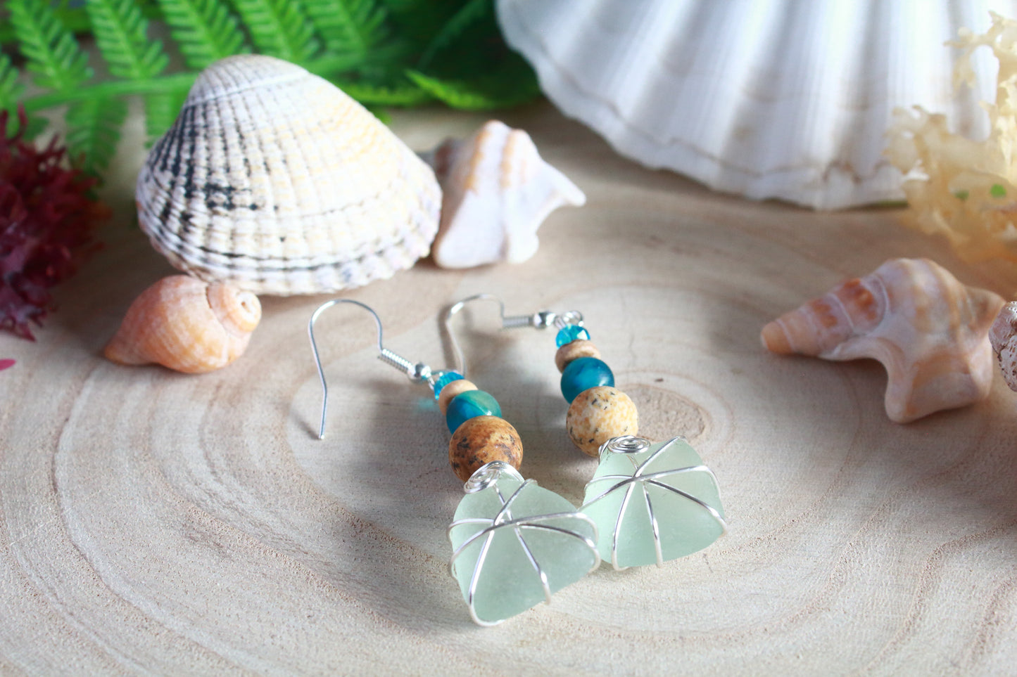 Turquoise Waters Frosted White Irish Sea Glass Blue Beaded Earrings