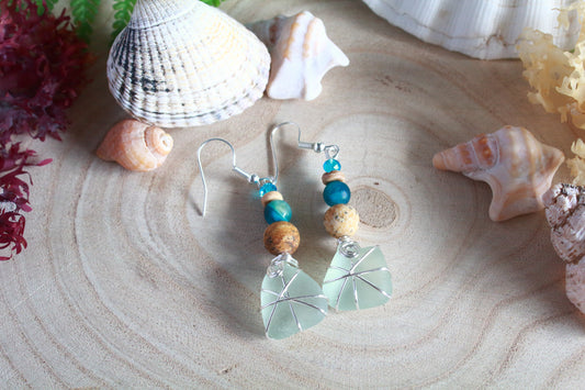 Turquoise Waters Frosted White Irish Sea Glass Blue Beaded Earrings