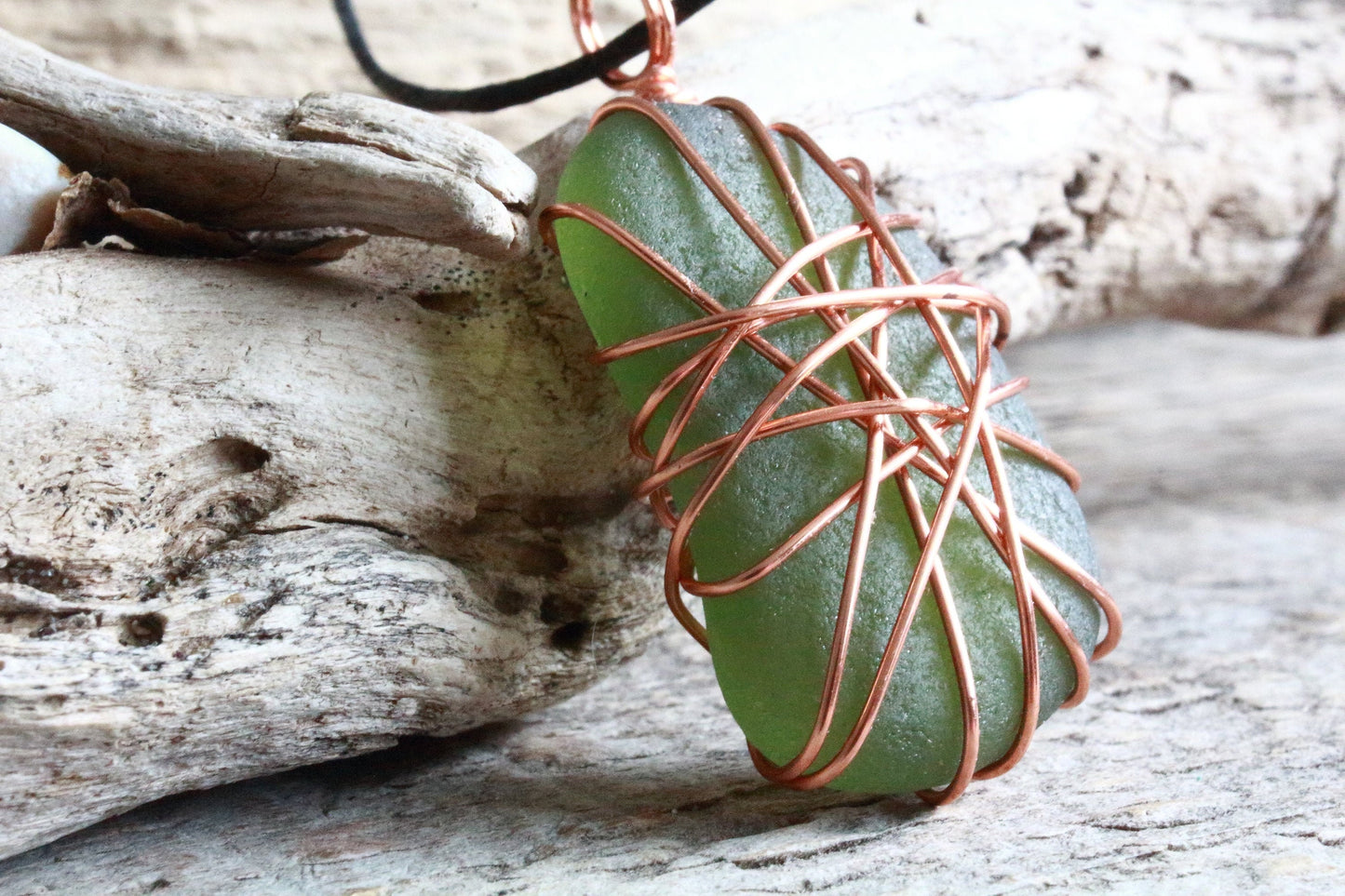 Copper Wire Green Sea Glass Pendant