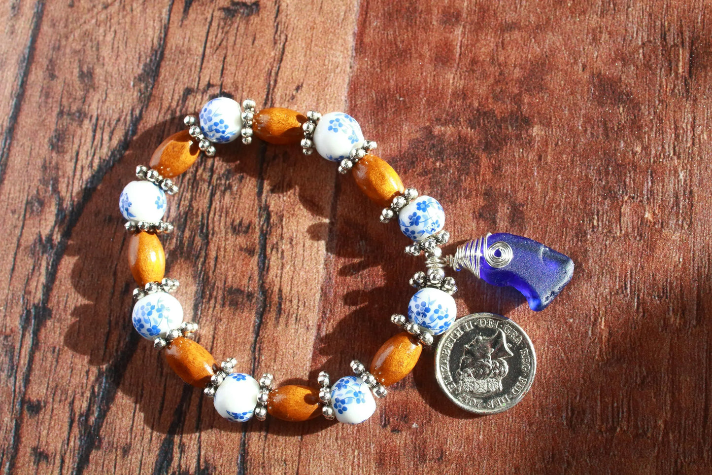 Blue Floral Wooden Beaded Bracelet