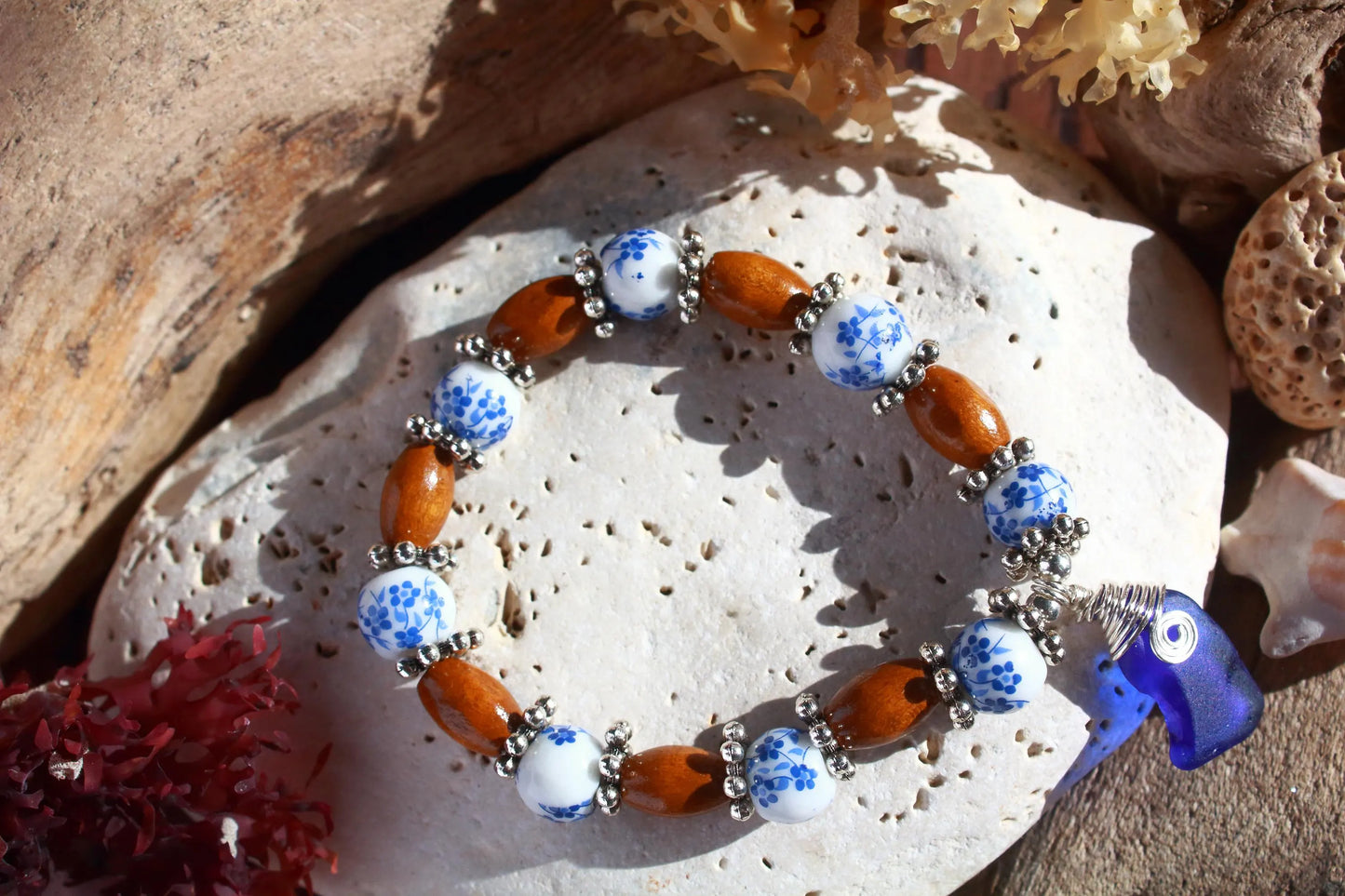 Blue Floral Wooden Beaded Bracelet